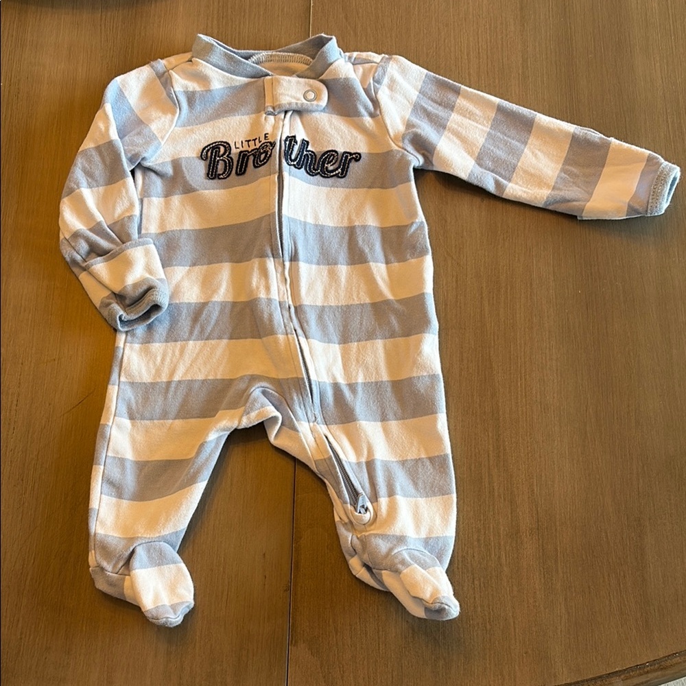 Carters “Little Brother” Gently Worn Striped One Piece Jammies - Newborn